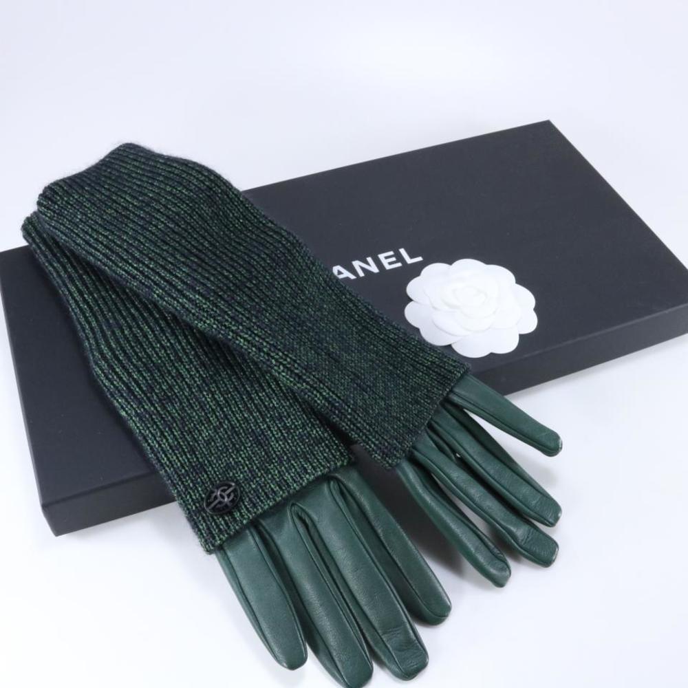 🎉HP Chanel 15K Green Lambskin Leather Gloves Size 7 54 Sweater Knit B314